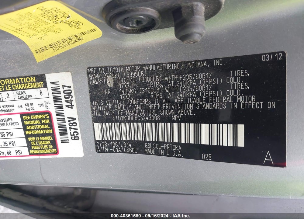 2012 TOYOTA SIENNA VIN: 5TDYK3DC6CS243008