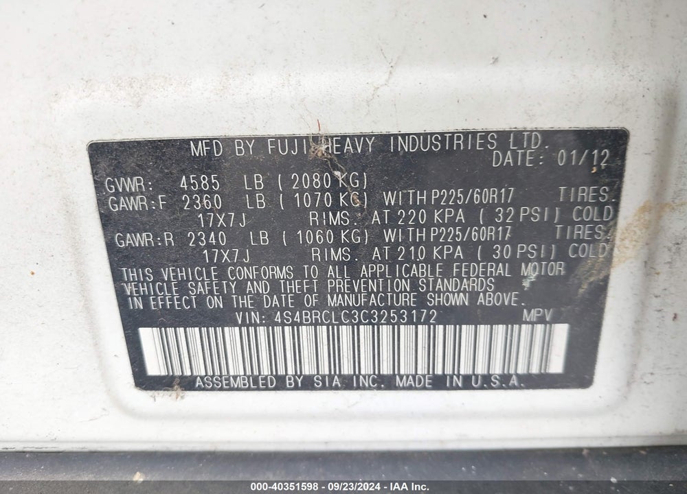 2012 SUBARU OUTBACK 2.5I LIMITED VIN: 4S4BRCLC3C3253172