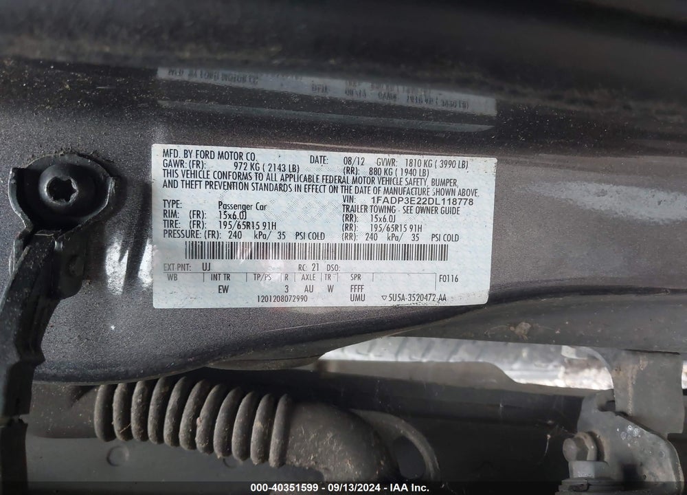 2013 FORD FOCUS VIN: 1FADP3E22DL118778