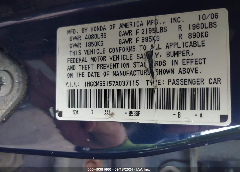 2007 HONDA ACCORD 2.4 VP VIN: 1HGCM55157A037115