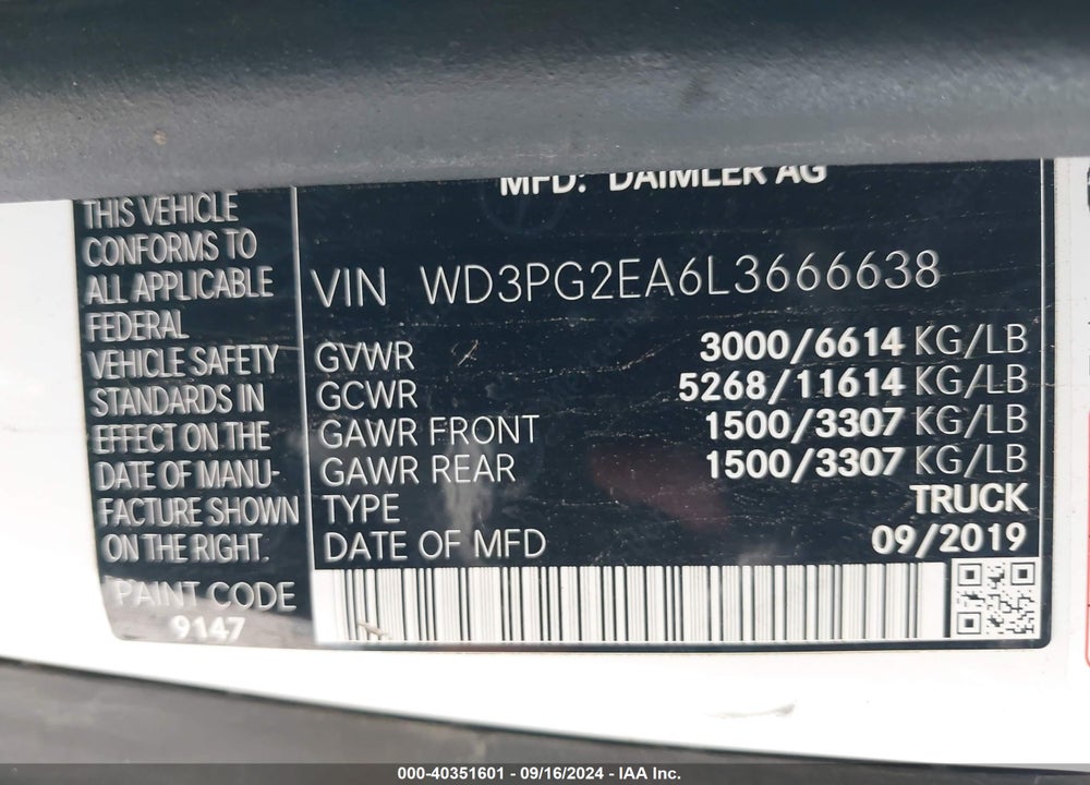 2020 MERCEDES-BENZ METRIS VIN: WD3PG2EA6L3666638