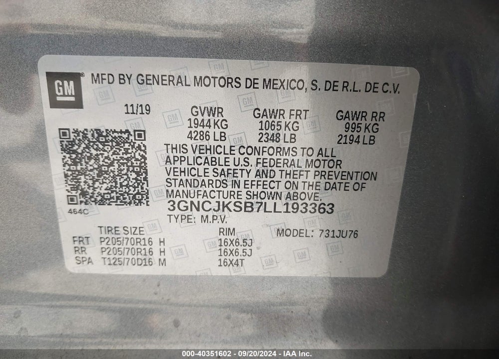 2020 CHEVROLET TRAX FWD LS VIN: 3GNCJKSB7LL193363