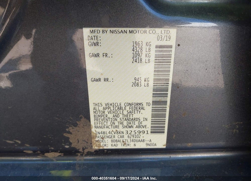 2019 NISSAN ALTIMA 2.5 SR VIN: 1N4BL4CV8KN325991