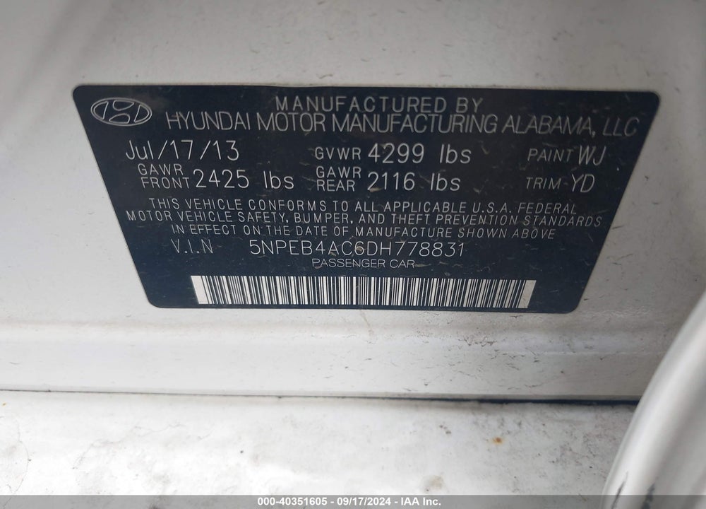 2013 HYUNDAI SONATA GLS VIN: 5NPEB4AC6DH778831