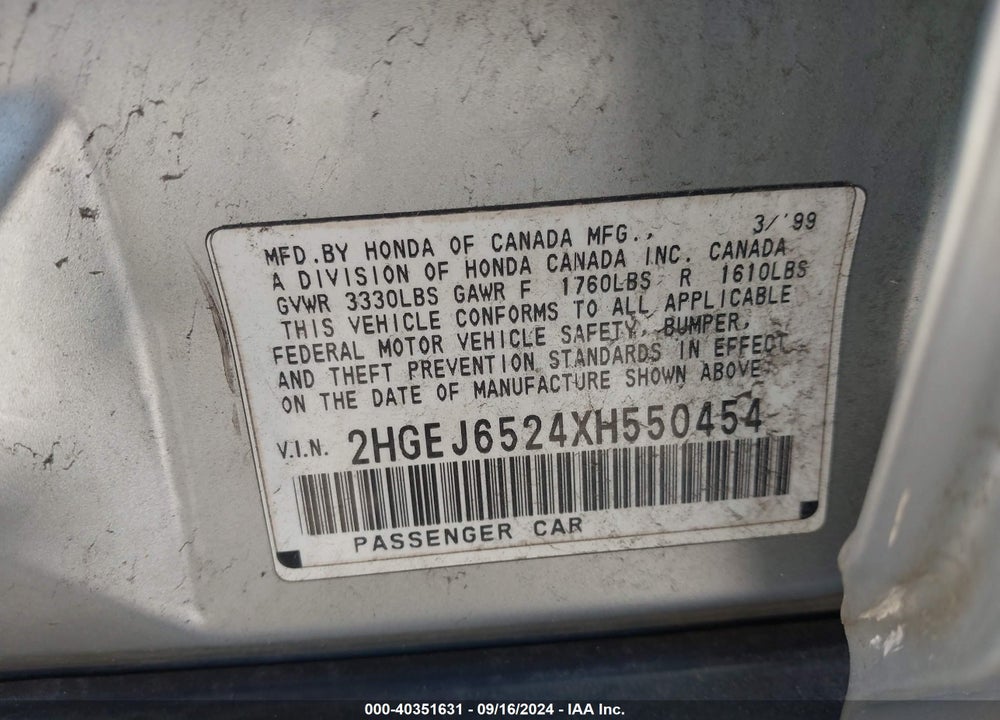 1999 HONDA CIVIC DX VIN: 2HGEJ6524XH550454