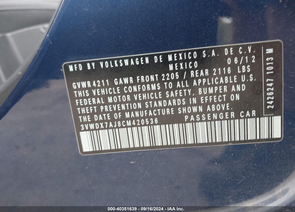 2012 VOLKSWAGEN JETTA 2.5L SE VIN: 3VWDX7AJ8CM420536