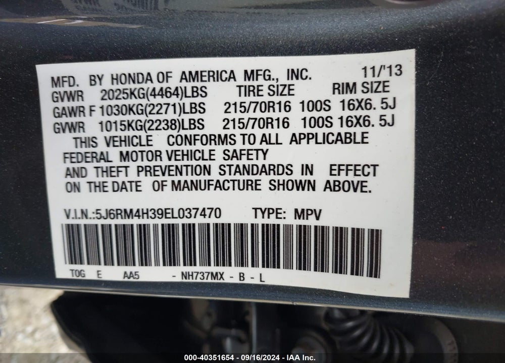 2014 HONDA CR-V LX VIN: 5J6RM4H39EL037470