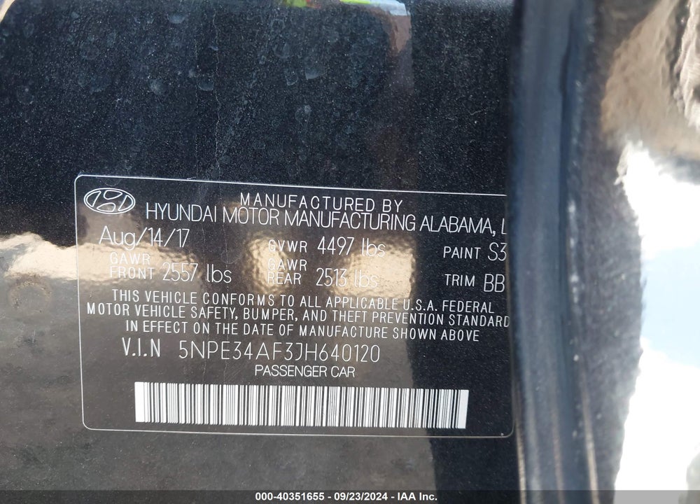 2018 HYUNDAI SONATA SEL VIN: 5NPE34AF3JH640120