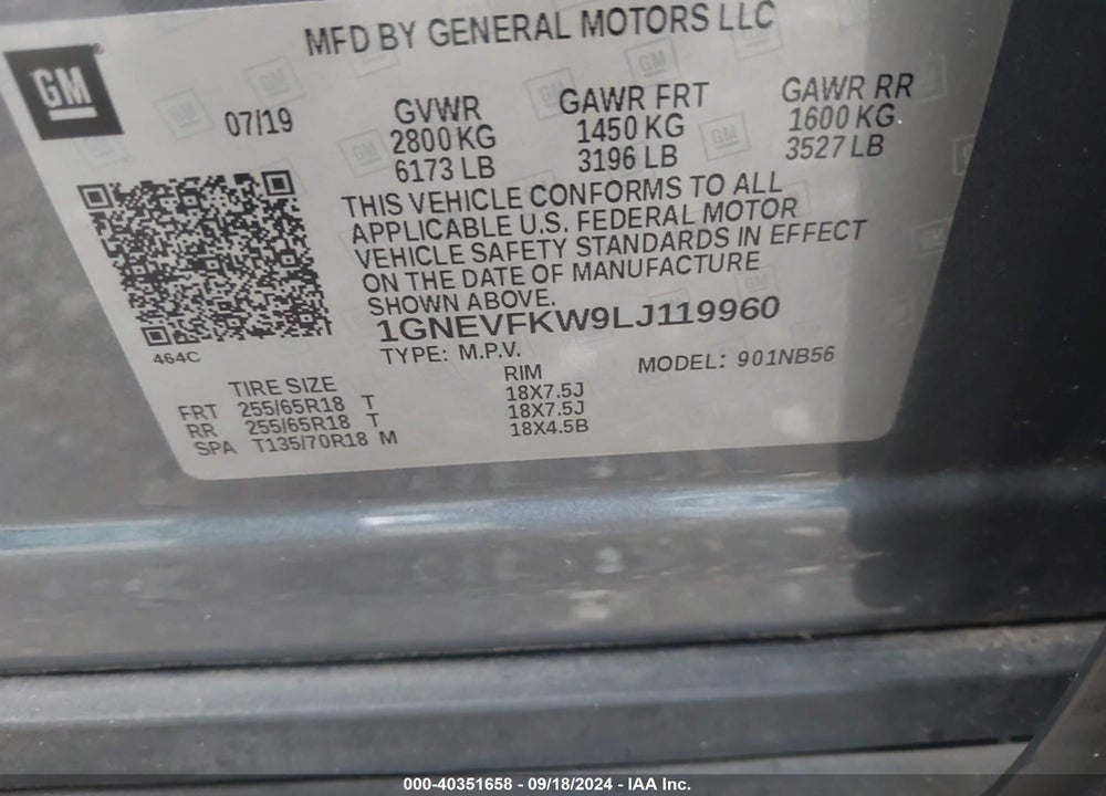 2020 CHEVROLET TRAVERSE AWD LS VIN: 1GNEVFKW9LJ119960