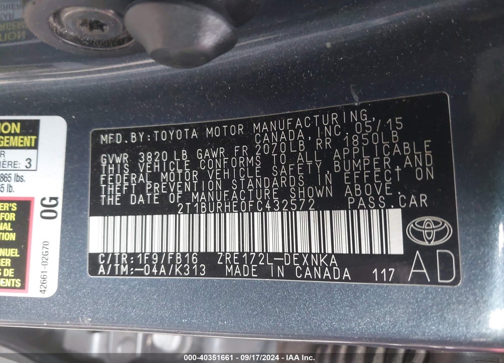 2015 TOYOTA COROLLA LE VIN: 2T1BURHE0FC432572