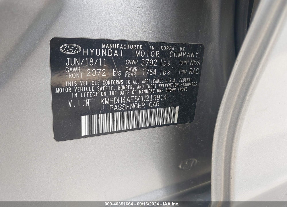 2012 HYUNDAI ELANTRA GLS (ULSAN PLANT) VIN: KMHDH4AE5CU219914