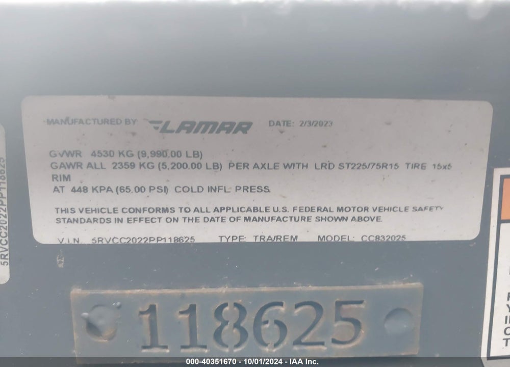 2023 LAMAR FLATBED TRAILER VIN: 5RVCC2022PP118625