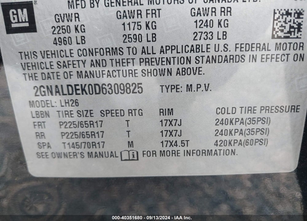 2013 CHEVROLET EQUINOX 1LT VIN: 2GNALDEK0D6309825
