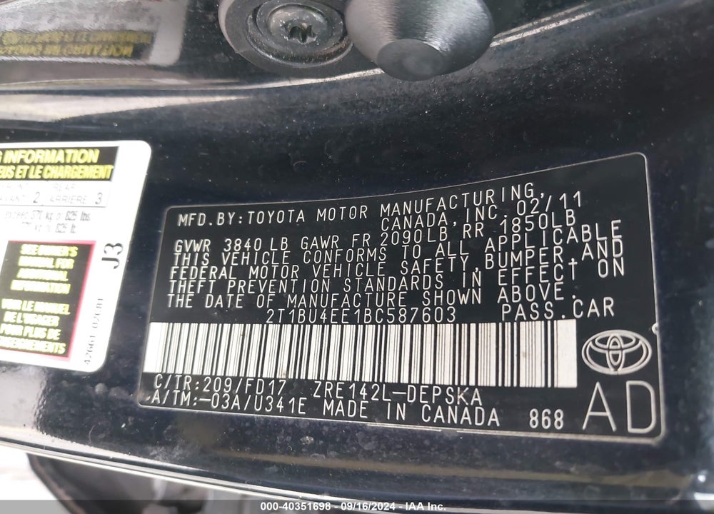 2011 TOYOTA COROLLA S VIN: 2T1BU4EE1BC587603