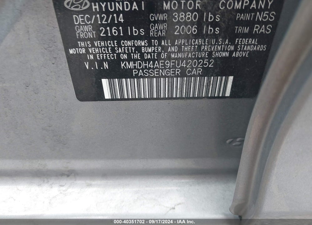 2015 HYUNDAI ELANTRA SE VIN: KMHDH4AE9FU420252