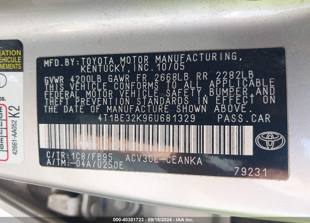 2006 TOYOTA CAMRY LE VIN: 4T1BE32K96U681329
