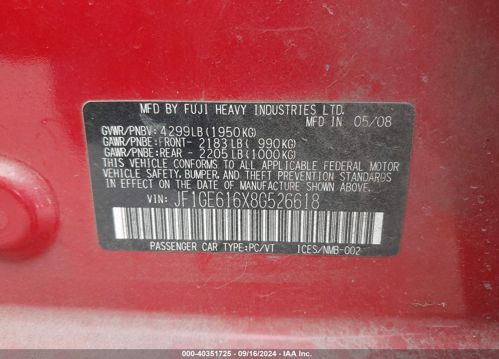 2008 SUBARU IMPREZA 2.5I VIN: JF1GE616X8G526618