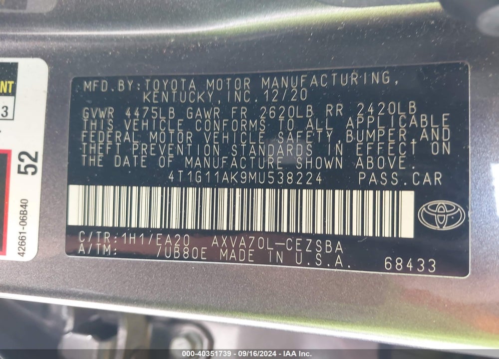 2021 TOYOTA CAMRY VIN: 4T1G11AK9MU538224