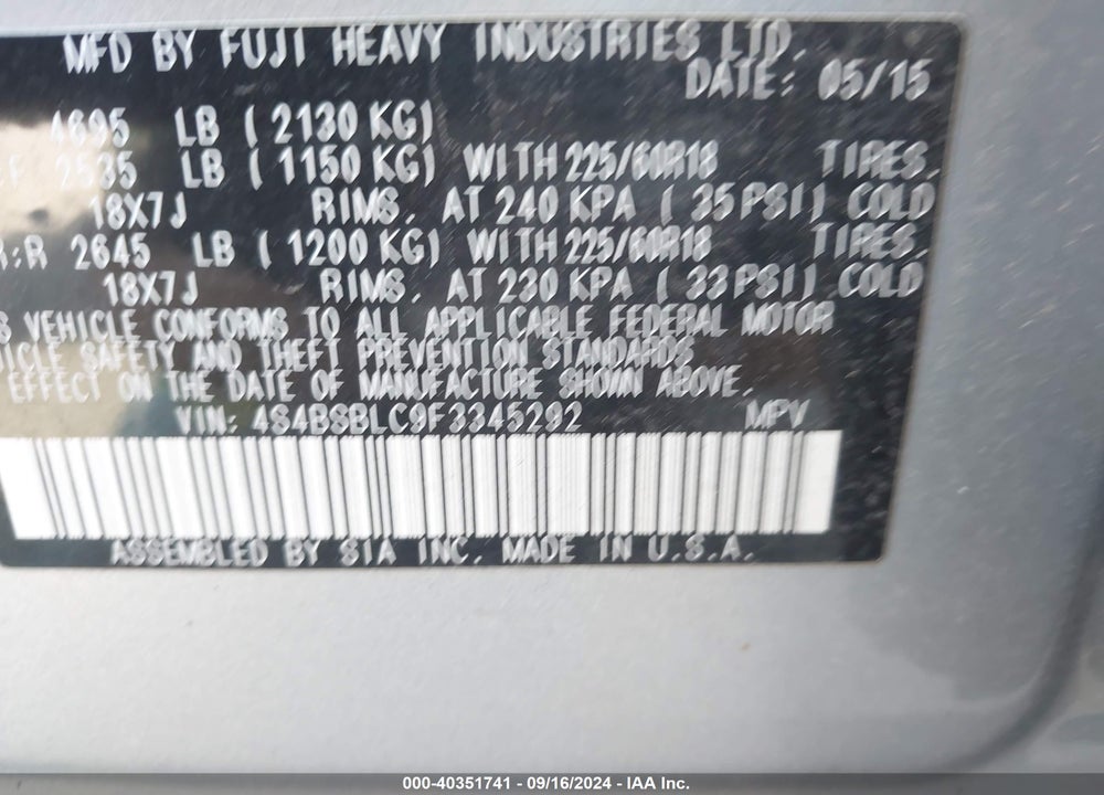 2015 SUBARU OUTBACK 2.5I LIMITED VIN: 4S4BSBLC9F3345292