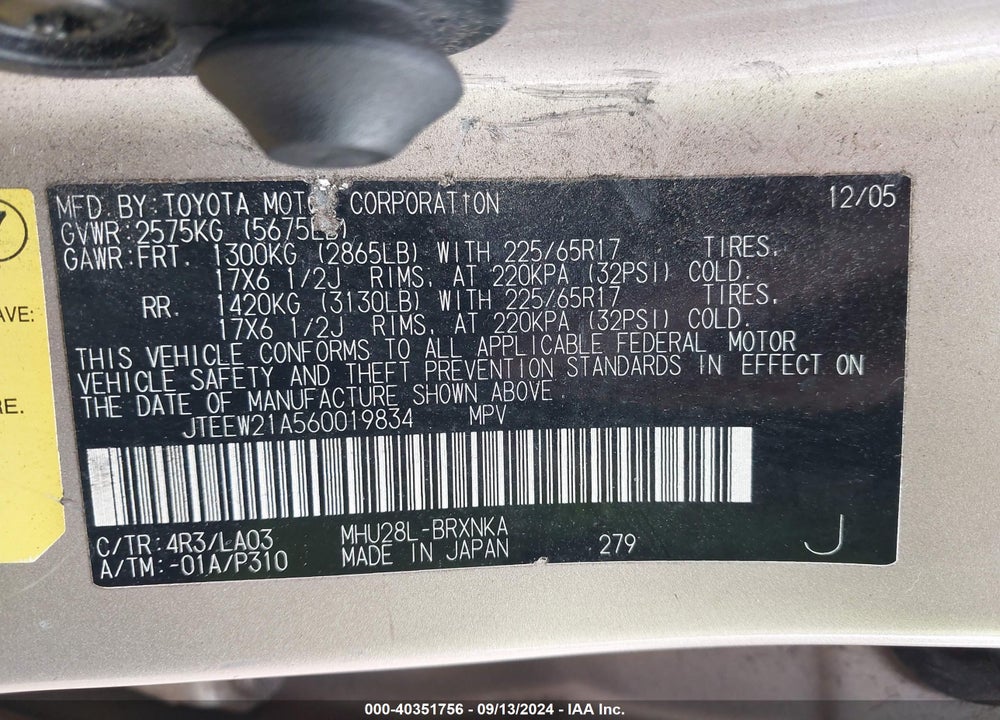 2006 TOYOTA HIGHLANDER HYBRID LIMITED V6 VIN: JTEEW21A560019834