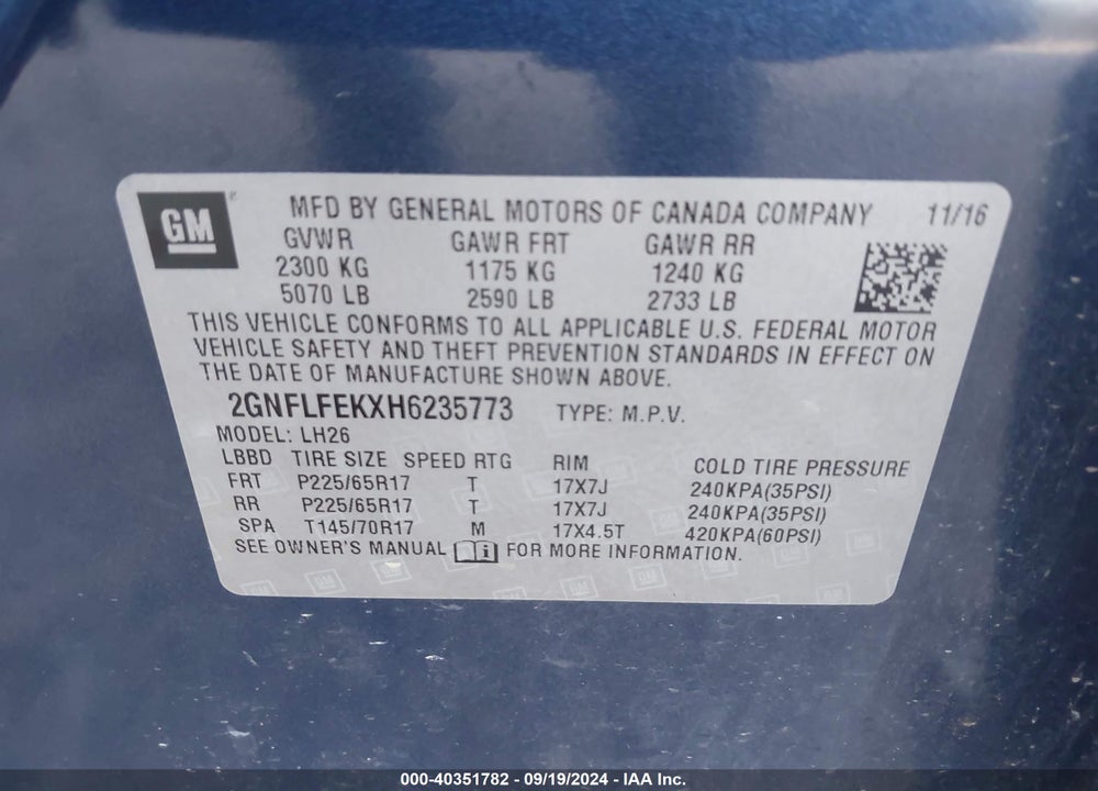 2017 CHEVROLET EQUINOX LT VIN: 2GNFLFEKXH6235773