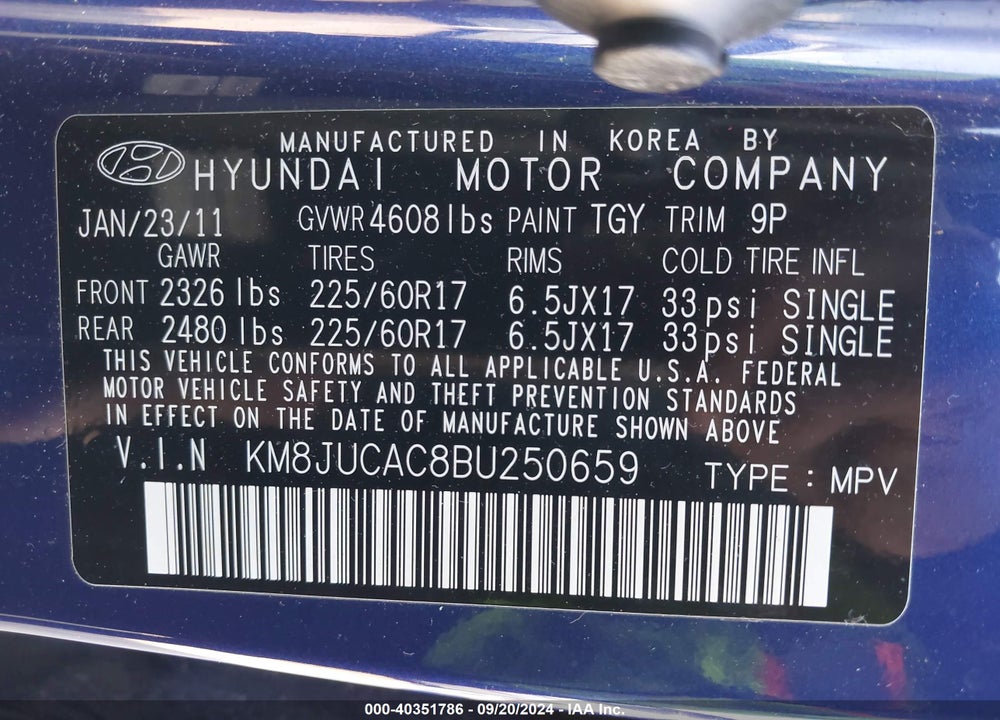 2011 HYUNDAI TUCSON GLS VIN: KM8JUCAC8BU250659