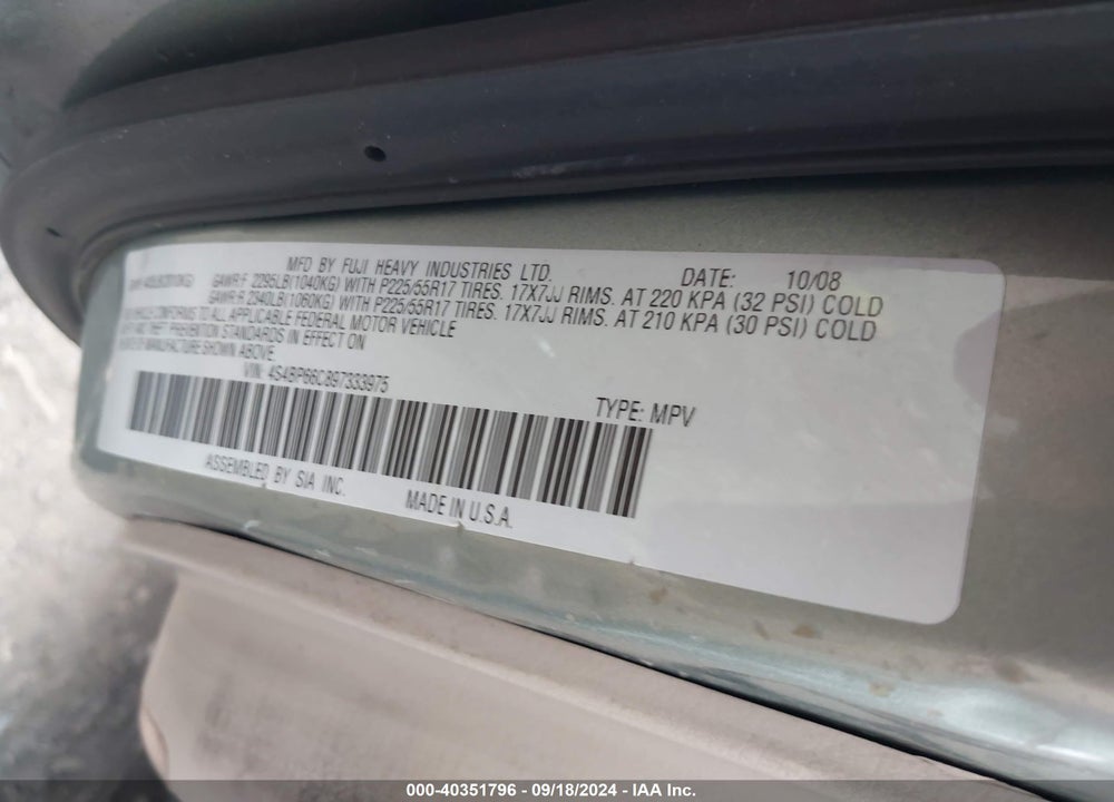 2009 SUBARU OUTBACK 2.5I LIMITED VIN: 4S4BP66C897333975