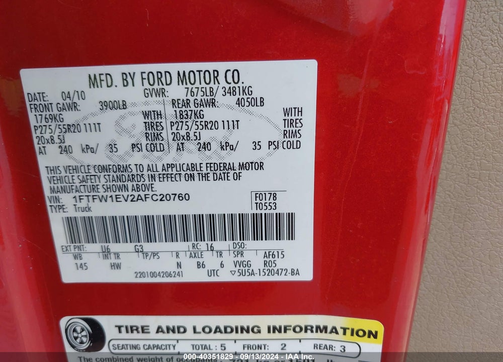 2010 FORD F-150 FX4/HARLEY-DAVIDSON/KING RANCH/LARIAT/PLATINUM/XL/XLT VIN: 1FTFW1EV2AFC20760