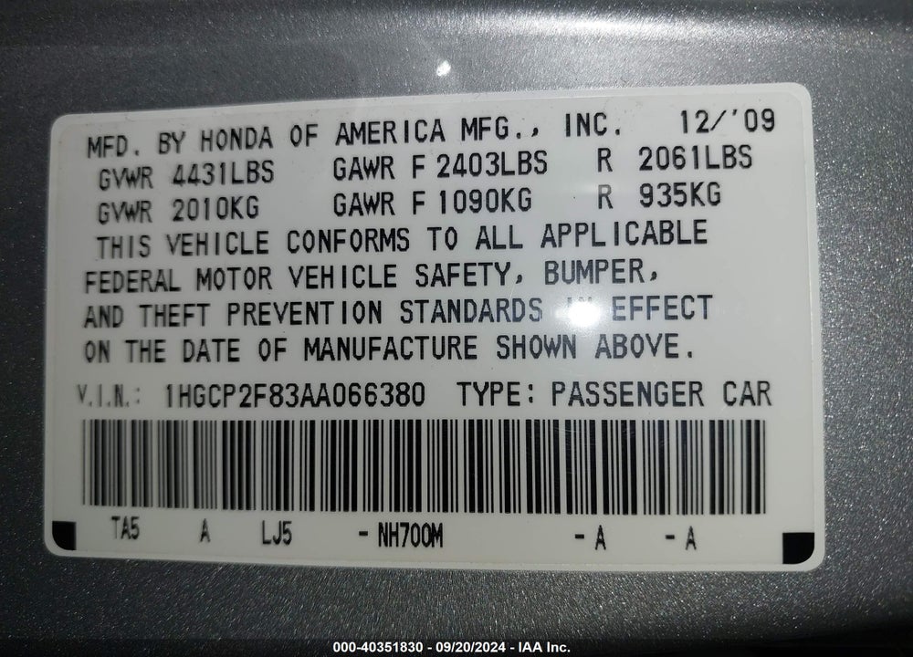 2010 HONDA ACCORD 2.4 EX-L VIN: 1HGCP2F83AA066380