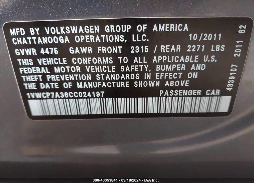 2012 VOLKSWAGEN PASSAT 2.5L SEL PREMIUM VIN: 1VWCP7A36CC024197