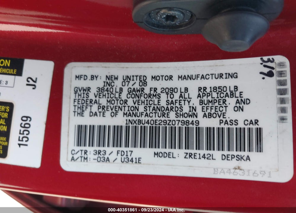 2009 TOYOTA COROLLA S VIN: 1NXBU40E29Z079849