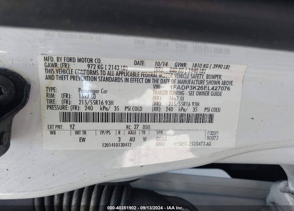 2014 FORD FOCUS SE VIN: 1FADP3K26EL427076