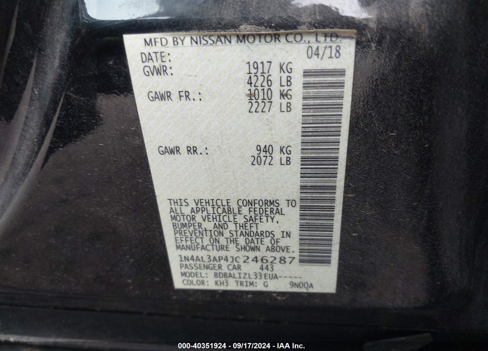 2018 NISSAN ALTIMA 2.5 SV VIN: 1N4AL3AP4JC246287