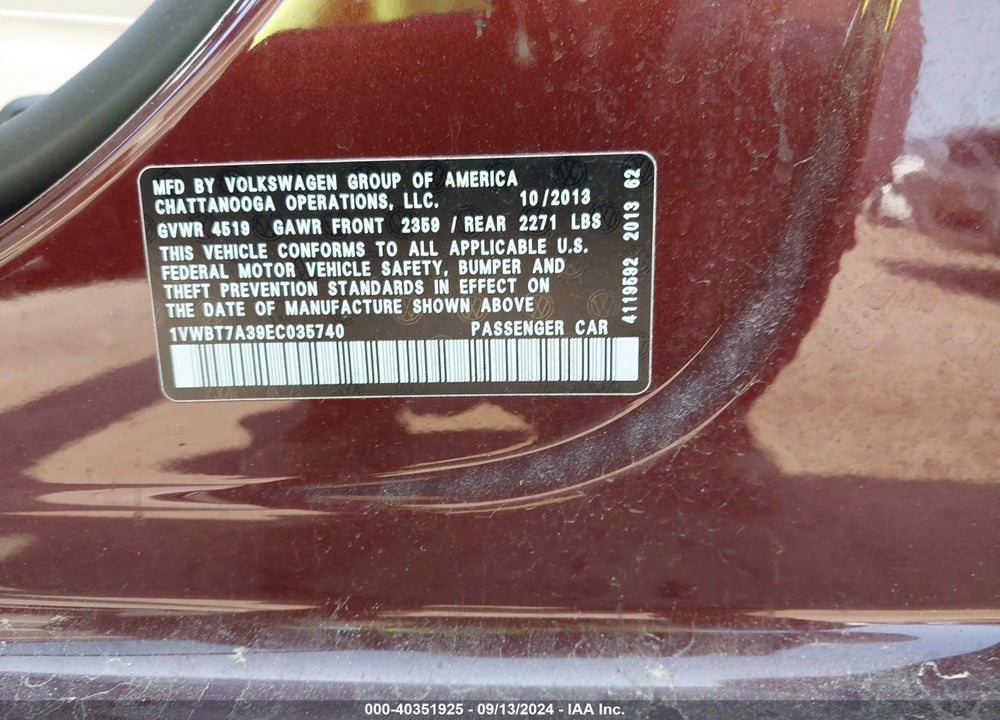 2014 VOLKSWAGEN PASSAT 1.8T SE VIN: 1VWBT7A39EC035740