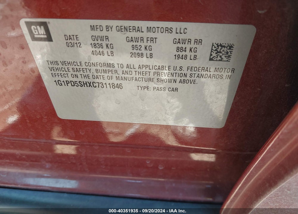 2012 CHEVROLET CRUZE LS VIN: 1G1PD5SHXC7311846