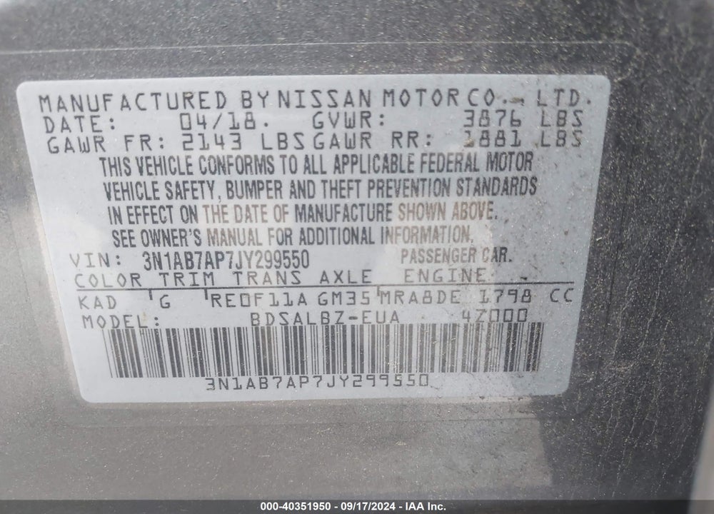 2018 NISSAN SENTRA S VIN: 3N1AB7AP7JY299550