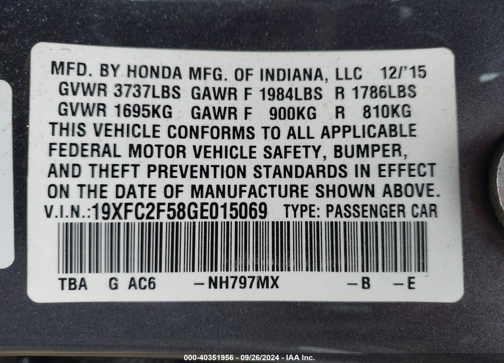2016 HONDA CIVIC LX VIN: 19XFC2F58GE015069