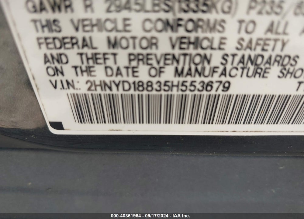 2005 ACURA MDX VIN: 2HNYD18835H553679