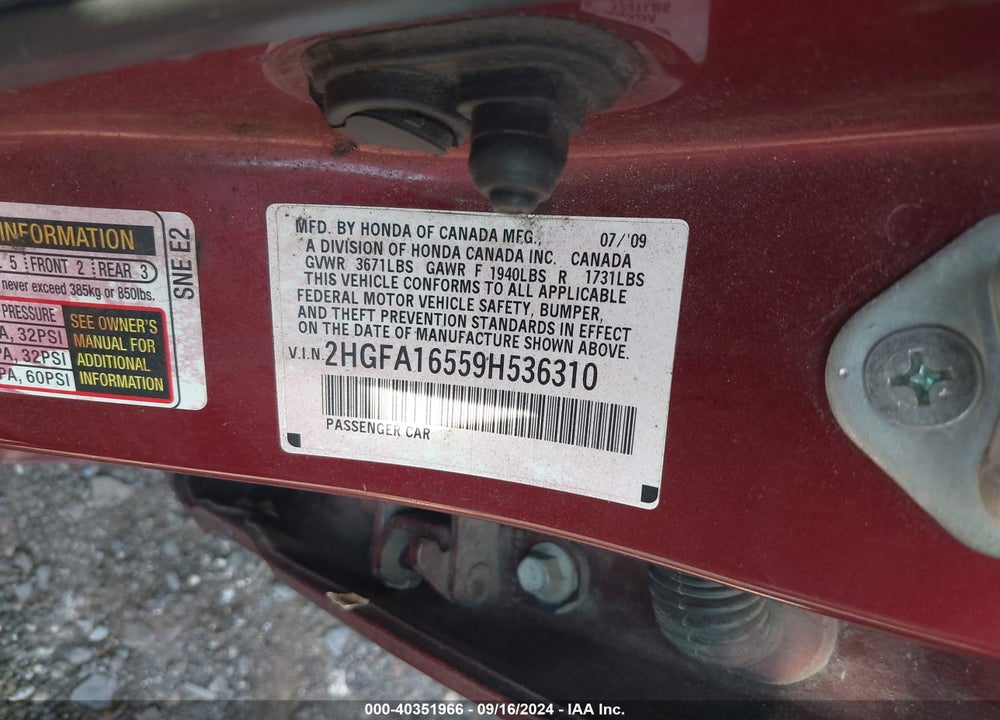 2009 HONDA CIVIC LX VIN: 2HGFA16559H536310