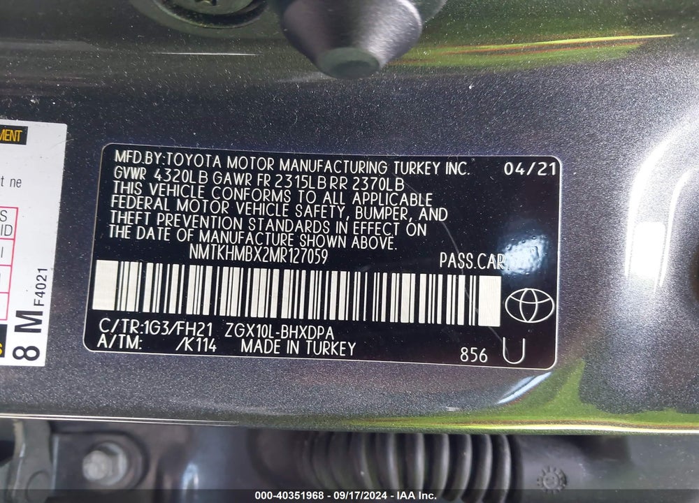2021 TOYOTA C-HR LE VIN: NMTKHMBX2MR127059