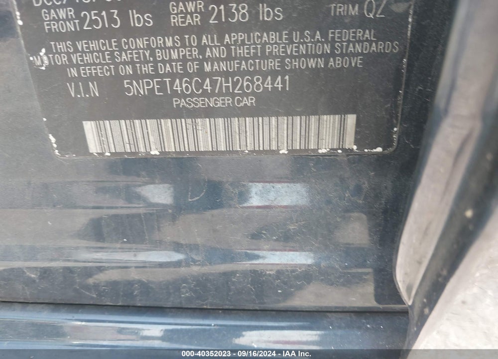 2007 HYUNDAI SONATA GLS VIN: 5NPET46C47H268441