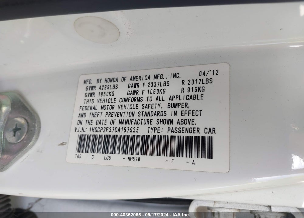 2012 HONDA ACCORD 2.4 LX VIN: 1HGCP2F37CA157935