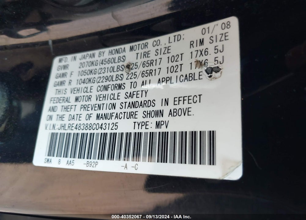 2008 HONDA CR-V LX VIN: JHLRE48388C043125