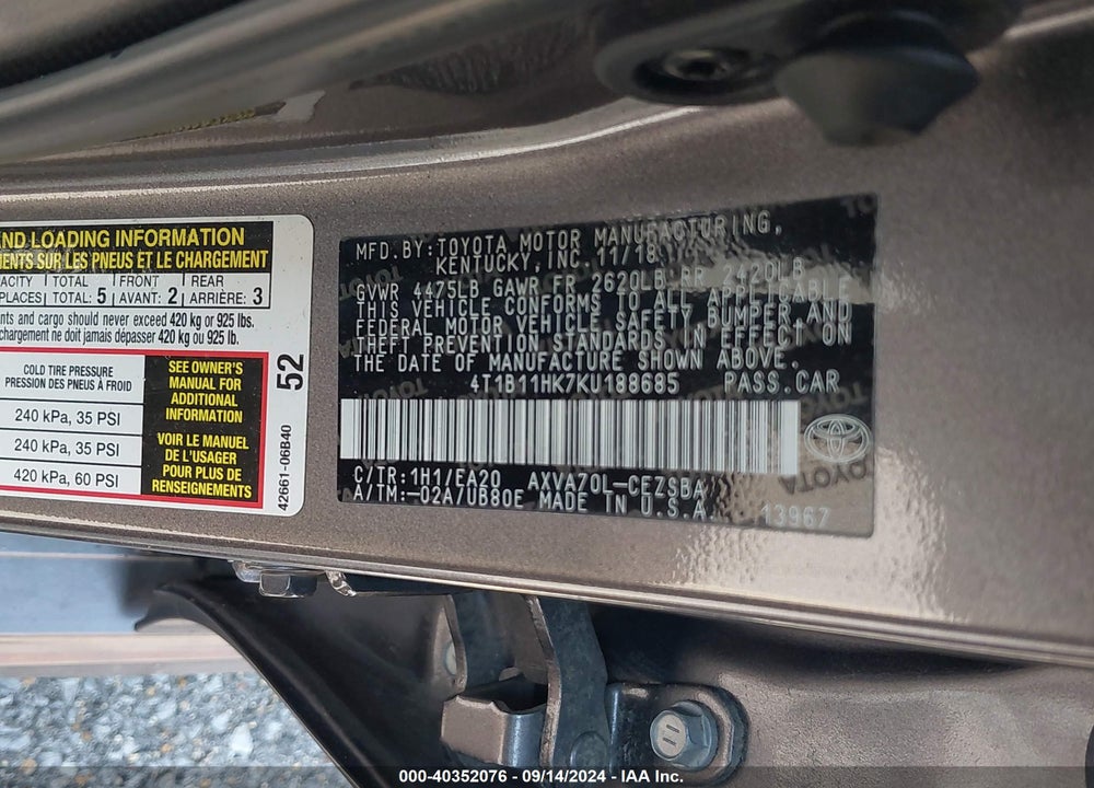 2019 TOYOTA CAMRY SE VIN: 4T1B11HK7KU188685