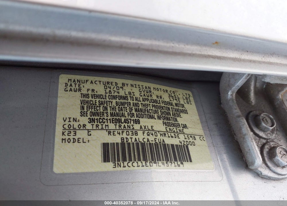 2009 NISSAN VERSA 1.6 VIN: 3N1CC11E09L457169
