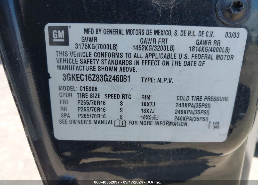 2003 GMC YUKON XL 1500 SLE VIN: 3GKEC16Z83G246081