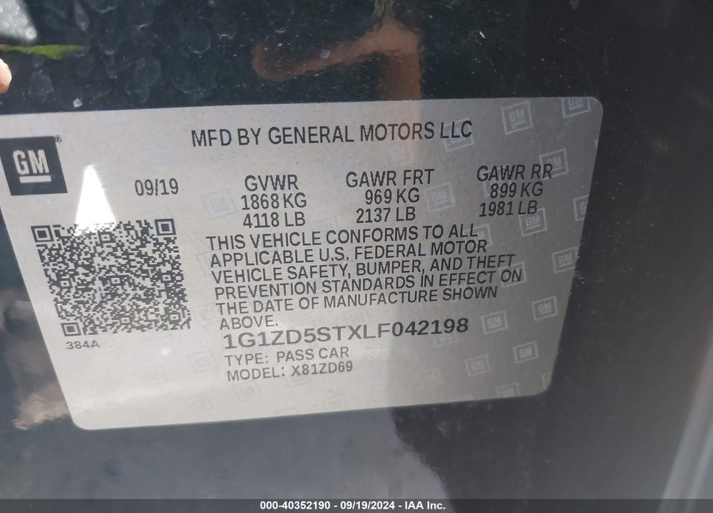 2020 CHEVROLET MALIBU FWD LT VIN: 1G1ZD5STXLF042198