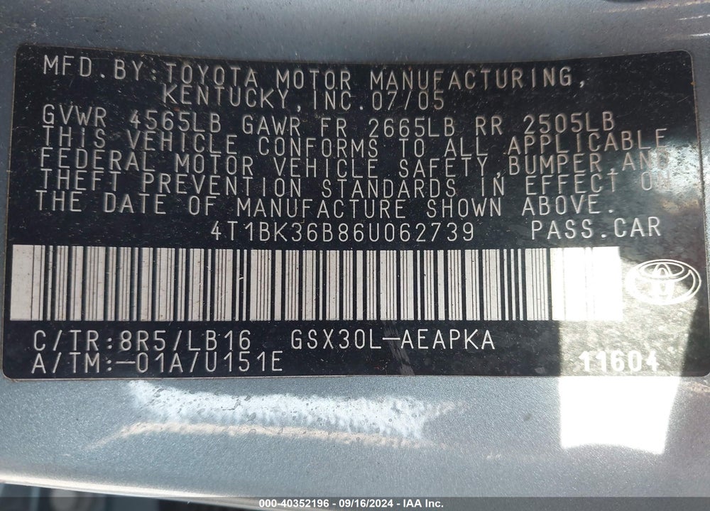 2006 TOYOTA AVALON LIMITED VIN: 4T1BK36B86U062739