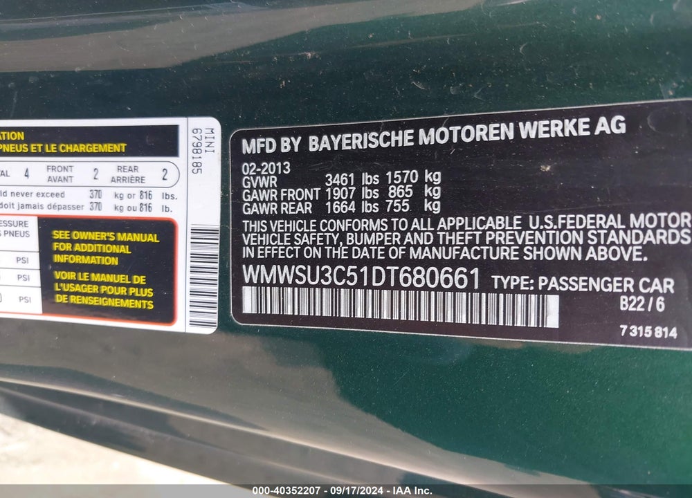 2013 MINI HARDTOP COOPER VIN: WMWSU3C51DT680661