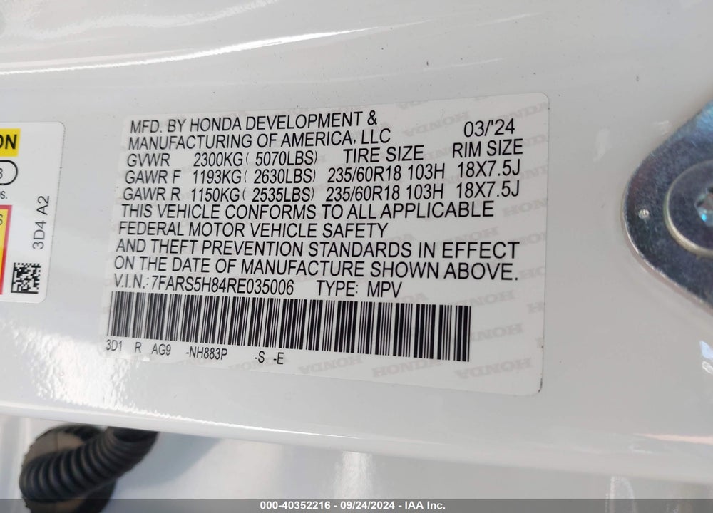 2024 HONDA CR-V HYBRID SPORT-L VIN: 7FARS5H84RE035006